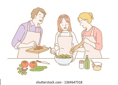 People making healthy salad in line style