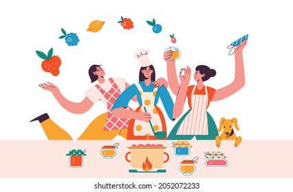 People making homemade jam and jelly trendy flat illustration. Cooking breakfast together banner design. Fruit preserve background.