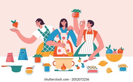 People making homemade jam and jelly trendy flat illustration. Cooking breakfast together banner design. Fruit preserve background.