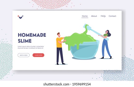 People Making Homemade Slime Landing Page Template. Tiny Characters Mixing Green Gooey Ingredients in Huge Bowl for Create Handgum Toy, Fun Hobby Recreation Concept. Cartoon Vector Illustration