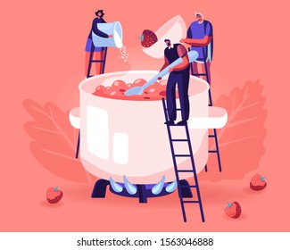 People Making Homemade Strawberry Jam or Marmalade. Tiny Male and Female Characters Stand on Ladders at Huge Pan Putting Sugar and Fresh Ripe Berries to Boiling Water. Cartoon Flat Vector Illustration