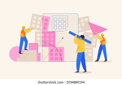 People making house conversation web template, cartoon style Screen web template for mobile phone, landing page, template, UI, web, mobile app, poster, banner, flat Vector illustration
