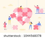 People are making huge hearts with puzzle pieces. vector illustration flat design
