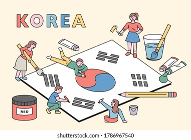 People are making a huge Taegeukgi together. flat design style minimal vector illustration.