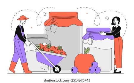 Pessoas fazendo geleia. Homem e mulher fazendo doces de produtos naturais e orgânicos. Mirtilo, morango e maçã. Agricultores com sobremesa caseira e delicadeza. Ilustração de vetor linear