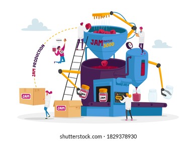 People Making Jam or Marmalade. Tiny Male and Female Characters Stand on Ladders at Huge Factory Machine with Robotics Arms Put Berries in Pan and Canning Jars. Cartoon People Vector Illustration