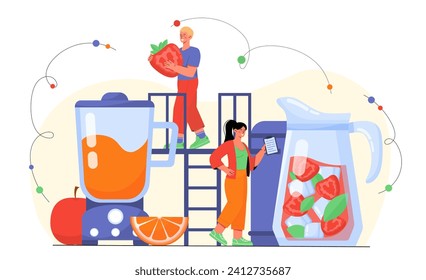 People making juice. Man and woman with natural and organic food near blender. Beverage with vitamins. Proper nutrition and healthy diet. Guy and girl near cocktails. Cartoon flat vector illustration