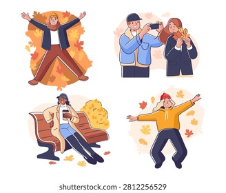 People making leaf angel, taking photo, sipping coffee on bench, and dancing amid foliage with soft lines and warm mood. Symbol of season joy, leisure, memory, relaxation, and nature escape. Cartoon vector illustration.