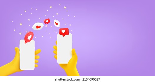 People making marks via mobile phone. 3d vector banner with copy space
