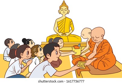 People making merit at the temple have monks and Buddha images.