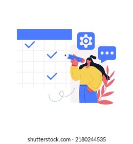 Personas haciendo una lista de verificación moderna con lápiz y portapapeles o tarea comercial. Concepto del calendario de planificación de los logros previstos. Ilustración vectorial plana aislada en fondo blanco