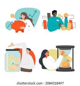 People making money and keeping them in piggy bank, glass jar, vector isolated illustration. Money savings, bank deposit