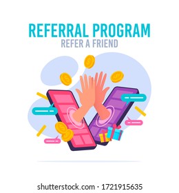 People making money from referral. Refer a friend or Referral marketing concept. Social media marketing for friends. Vector illustration