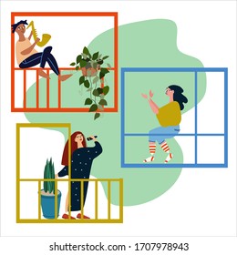 People making musical performance from their balconies. Neighbourhood concert. Social distancing during COVID-19 pandemic. Vector illustration in flat style