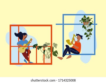 People making musical performance from their windows and balconies. Neighbourhood concert. Social distancing during COVID-19 pandemic. Vector illustration in flat style