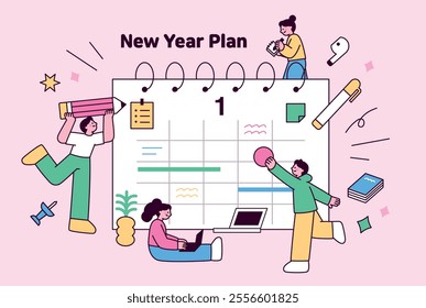 People are making New Year's resolutions on a large calendar. Banner concept composition.