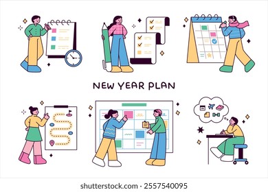 People are making New Year's resolutions in large notebooks, diaries, and calendars. outline simple vector illustration.