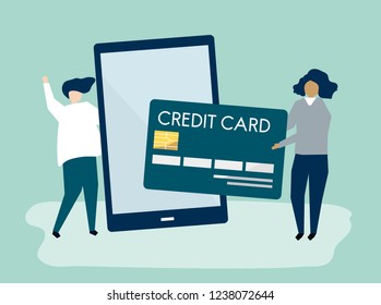 Ilustração de pessoas fazendo uma transação de cartão de crédito online