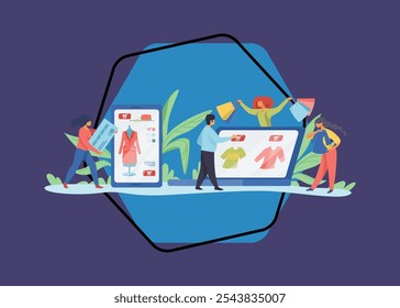 People making online purchases. Shopping, internet, sale flat vector illustration. Online shopping concept for banner, website design or landing web page