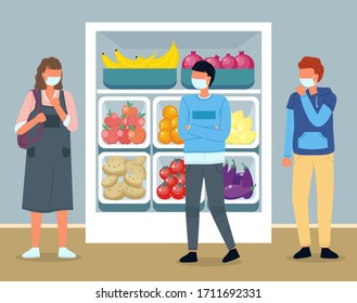 People making panic during viral pandemic and go to supermarket to make food supplies. People are coughing. Man and woman wearing face medical masks in public place standing in a line at distance
