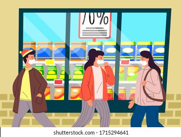 People making panic during viral pandemic and go to shopping mall to make food supplies. Concept of coronavirus19. Man and woman keep rules of quarantine and wearing face medical masks in public place