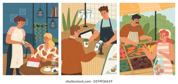 People making payments in different ways vector illustration