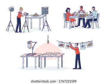 People making photos of food: professional photographers with camera and darkroom and food bloggers taking selfie on smartphones. Food photography concept. Linear vector illustration