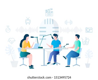 People making podcast in radio studio, vector illustration. Podcasting, broadcasting, online radio concept for web banner, website page etc.