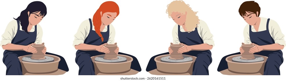 people making pottery on wheel isolated vector set, diverse men and women ceramic artists creating clay vases in apron, handcrafting process for workshop design