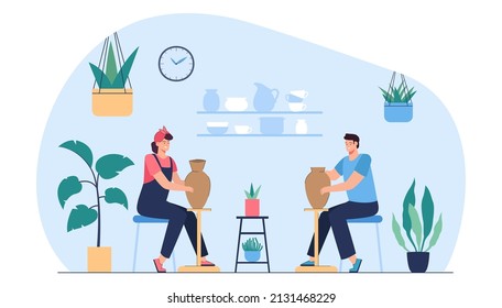 People making pottery at workshop flat vector illustration. Happy man and woman decorating ceramic or clay pots and earthenware in studio, enjoying hobby. Recreation, handcraft concept