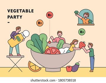 People are making salads in a large bowl. flat design style minimal vector illustration.