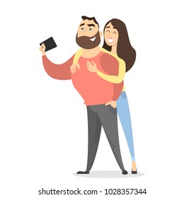 People making selfie. Couple with smartphones on white.