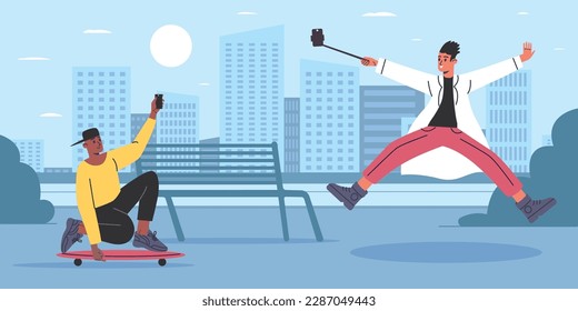 People making selfie. Guys on skateboards in city park take photos of tricks. Extreme sports hobby. Men posing or shooting photographies by smartphones. Phone snapshots
