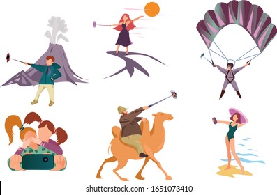 People making selfie on smartphones during summer activities vector illustration