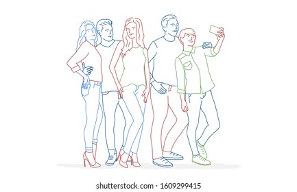 People making selfie photo. Colour line drawing vector illustration.