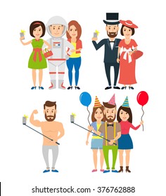 people making selfie  with smart phone set.girlfriends  astronaut making selfie.lady and gentleman taking salfie portrait.bodybuilder taking selfie with selfie stick.friends taking selfie on the party