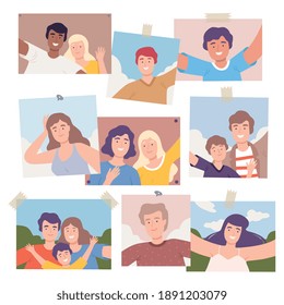 People Making Selfie Using Smartphones Set, Families and Friends Spending Time Together and Photographing Cartoon Vector Illustration