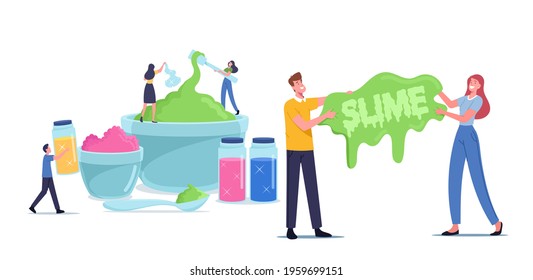 Personas que hacen el concepto de la baba. Alegres personajes masculinos y femeninos que mezclan ingredientes en enormes cuencos para crear juguetes de goma de mascar Gooey, diversión, pasatiempo, Ocio. Ilustración vectorial de dibujos animados