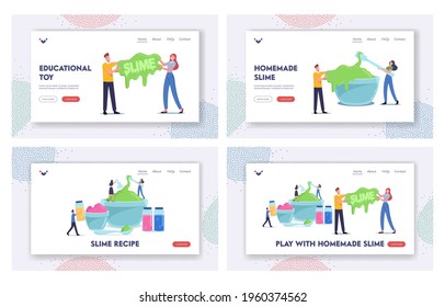 People Making Slime Landing Page Template Set. Cheerful Tiny Characters Mixing Ingredients in Huge Bowls for Creating Homemade Handgum Toy, Having Fun, Hobby, Recreation. Cartoon Vector Illustration
