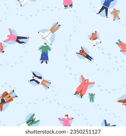 People making snow angels, seamless pattern. Happy families, kids on winter holiday, vacation. Endless wintertime background design, repeating print for fabric, wrapping. Flat vector illustration