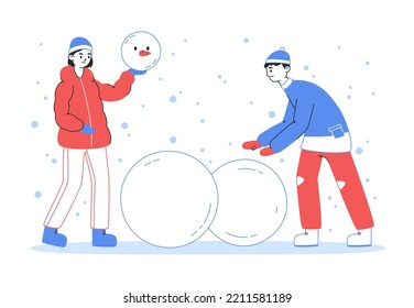 People making snowman, winter outdoor recreation. Kids winter holidays leisure activity, cartoon characters building snowman flat background illustration. Children playing outdoors