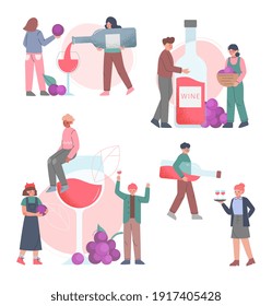 People Making and Tasting Wine Set, Men and Women Spending Time and Relaxing Together Cartoon Style Vector Illustration