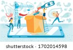 People Making Udon Noodle Going up on Ladder Pouring Souce. Little Man and Woman Carrying Shrimp, Hot Chili Pepper, Mushroom to Fast Food Box Standing on Mobile Phone Screen Flat Vector Illustration.