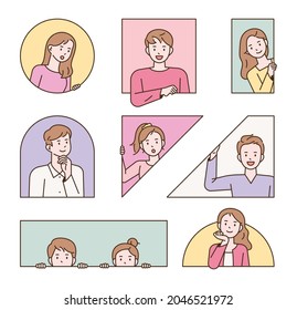 People are making various expressions in various types of frames. outline simple vector illustration.