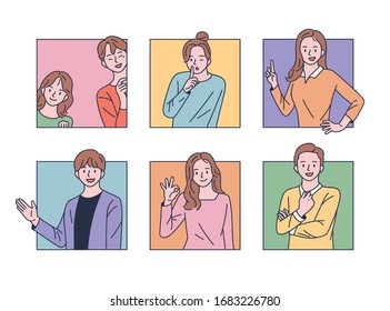 People are making various gestures in the square box frame. flat design style minimal vector illustration.