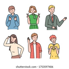 People making various hand gestures. hand drawn style vector design illustrations. 