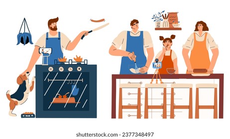 People is making a video for a food blog. A man cooks pancakes at the stove and pets a dog. Family spending time together in the kitchen. Vector illustration