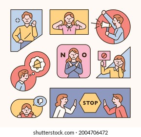 People making warning gestures in frames of various shapes. flat design style minimal vector illustration.