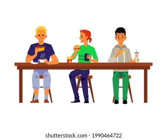 People male cartoon characters eating in cafe or restaurant, flat vector illustration isolated on white background. Young modern men having lunch break or dinner.