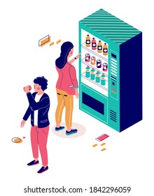 People male and female cartoon characters buying soda, cola, water from drink vending machine, flat vector isometric illustration. Beverage vending machine business.